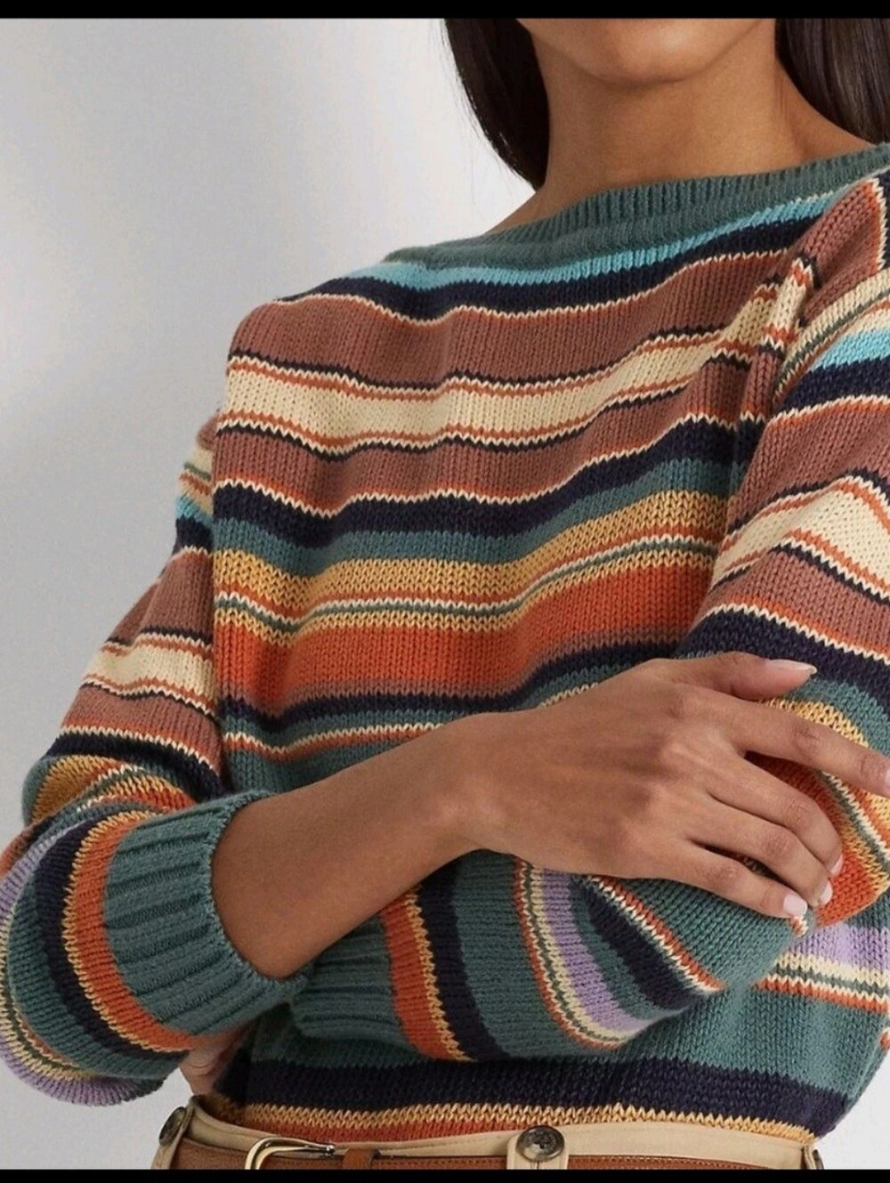 Lauren Ralph Lauren Womens Striped Cotton-Linen Boat neck Sweater Multi color...